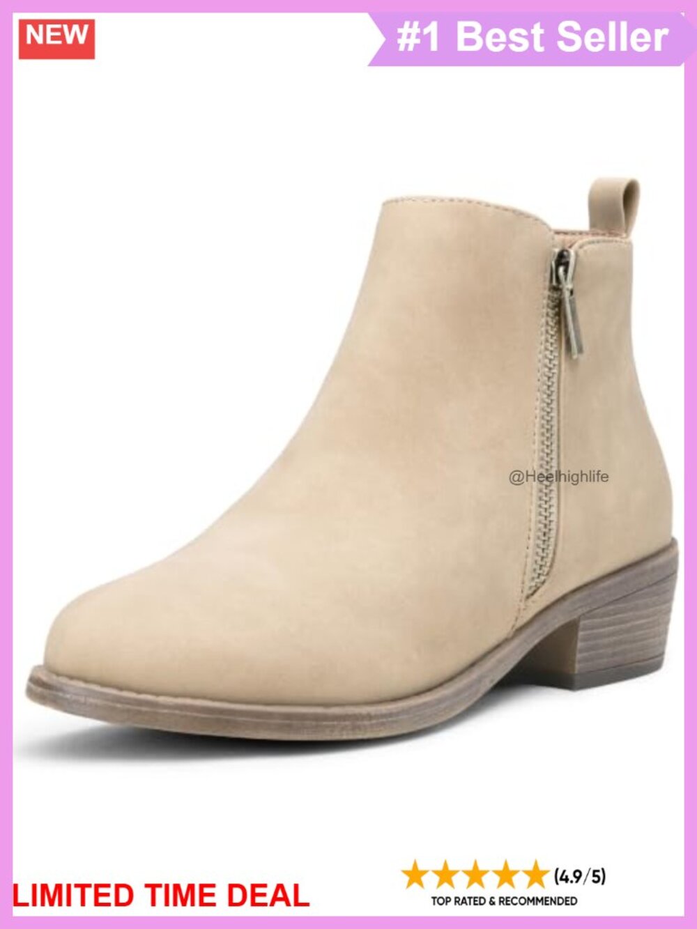 Faux Leather Ankle Boots Low Block Heel Round Toe Dual Zip Booties